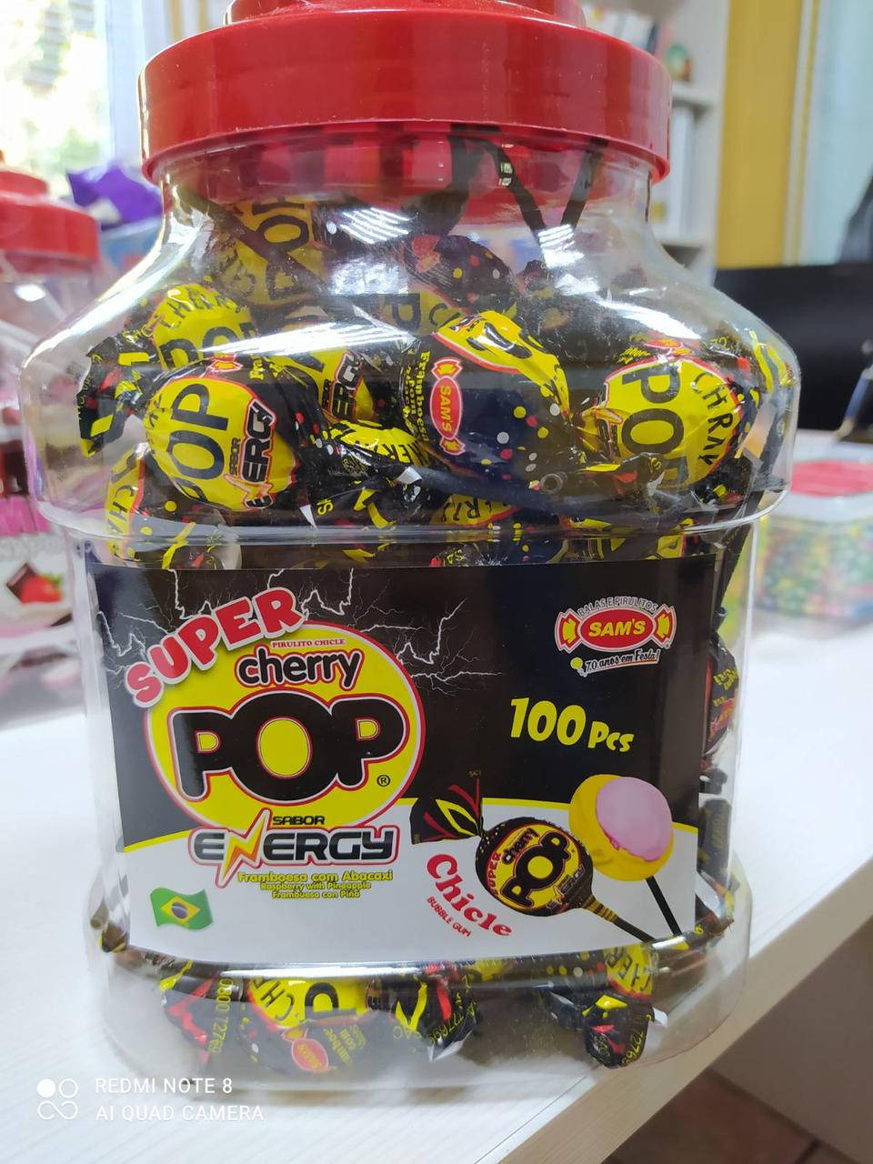 

Льодяник на паличці Super Cherry Pop Energy зі смаком малини ананаса і жувальної гумки 100шт