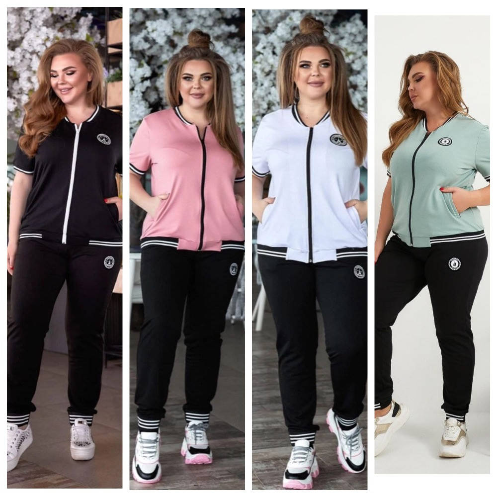 

Женский спортивный костюм из двунитки футболка на молнии + штаны весна-лето большие размеры 56/58, мята