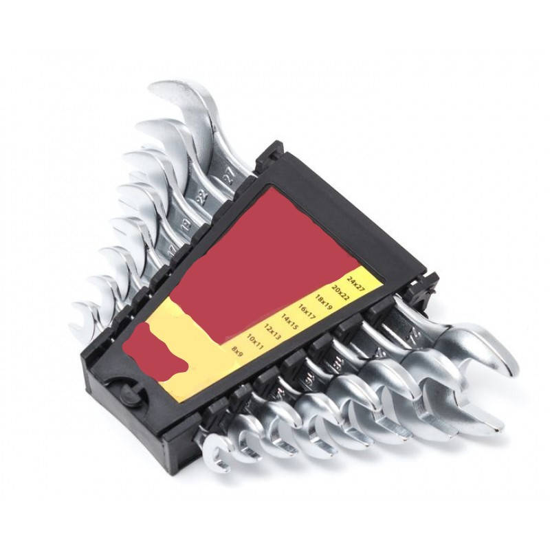 

Набор ключей рожковых 8пр. (8х9, 10х11, 12х13, 14х15, 16х17, 18х19, 20х22, 24х27мм) в пласт. держателе