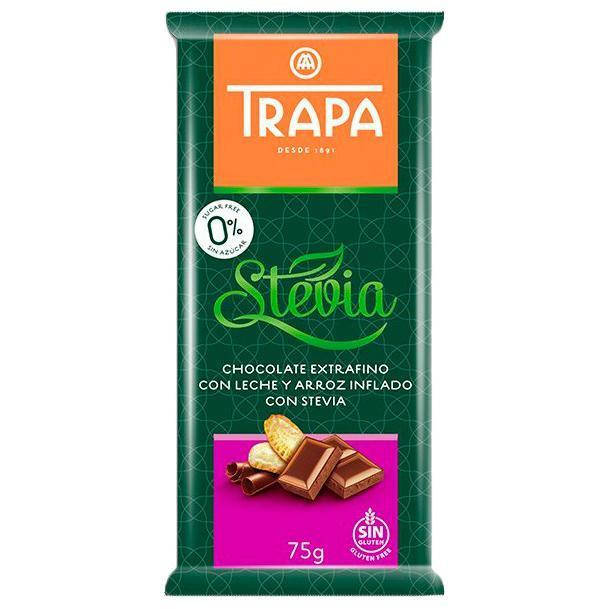

Шоколад молочный без сахара и без глютена Trapa Stevia с воздушным рисом 75г Испания