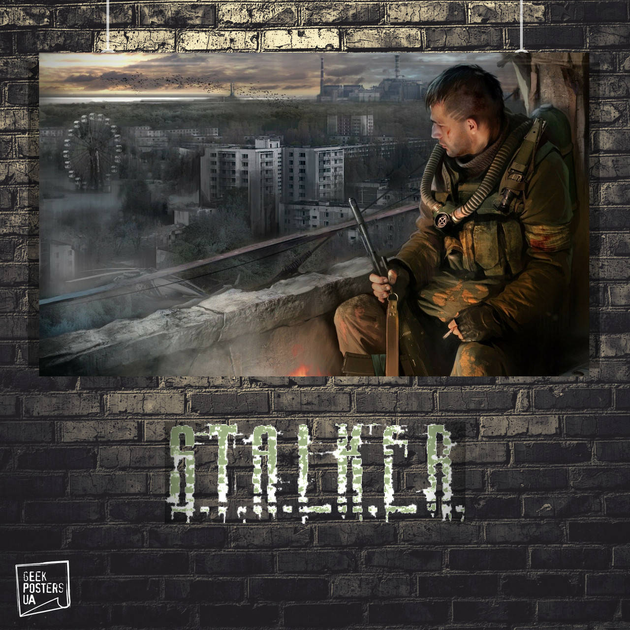 

Плакат "Сталкер, Stalker, Стрелок и вид на Припять", Чернобыль. Размер 60x35см (A2). Глянцевая бумага A3