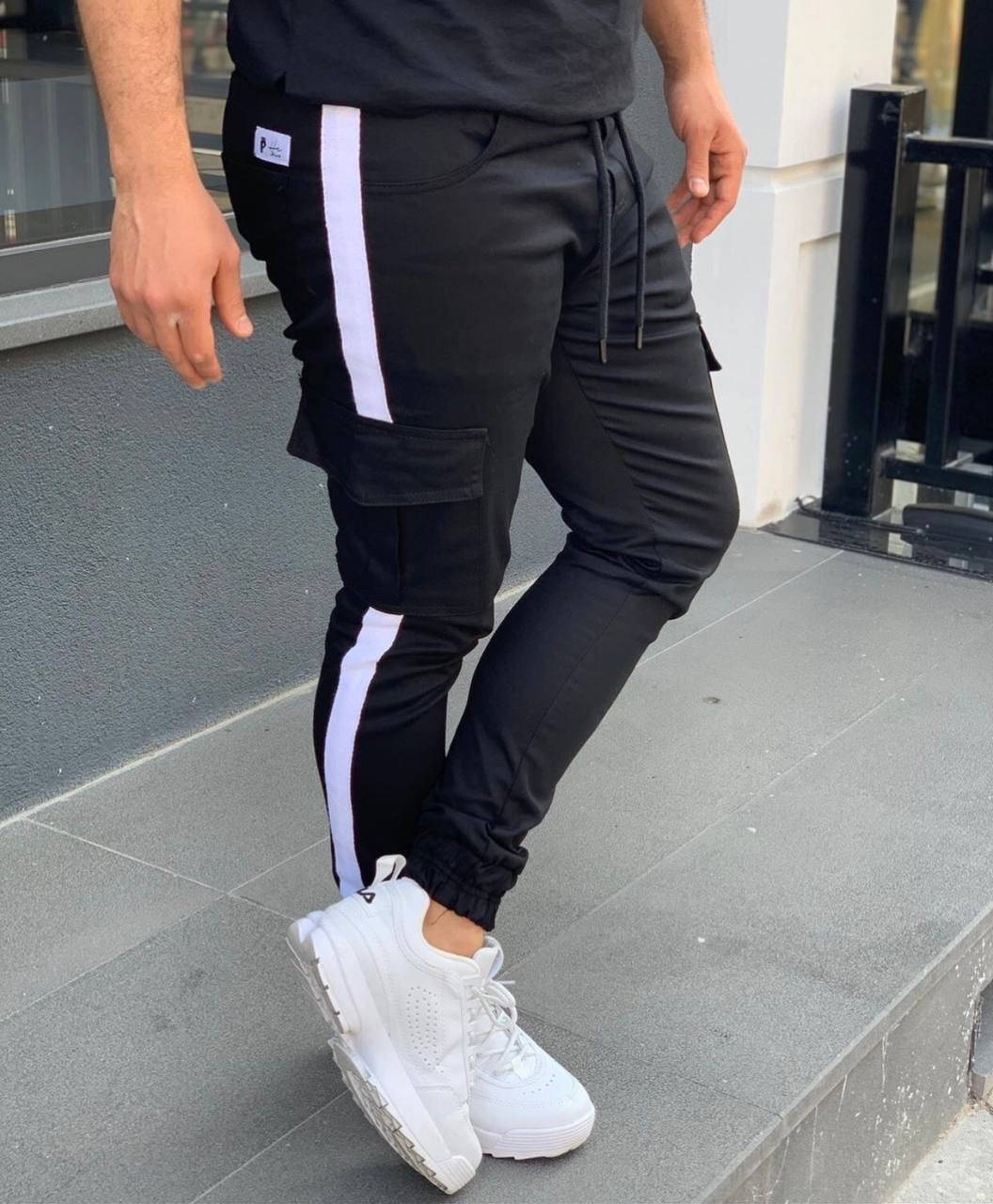 

Мужские штани Карго с белыми лампасами демисезонные , мужские штани Карго с карманами и лампасами, Белый