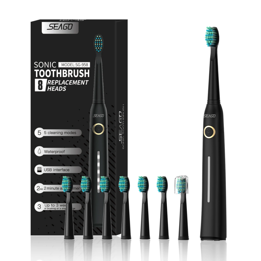 

Зубная щетка Seago SG-958 звуковая электрическая и 8 сменных насадок, Black