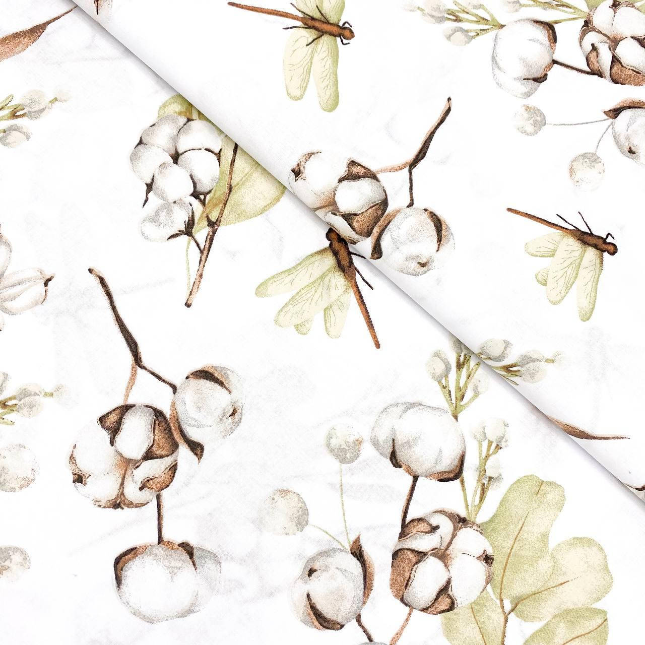 

Польская хлопковая ткань "Стрикозы с сухоцветом хлопка", Разные цвета