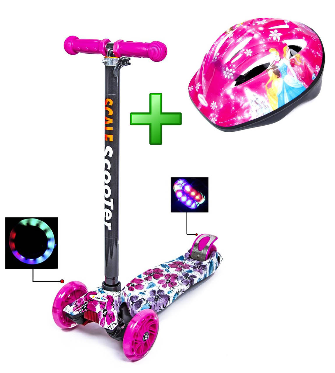 

+ Шлем +Детский самокат Макси Scale Sports Малиновые маки Светящиеся колеса от 3-х лет, Малиновый