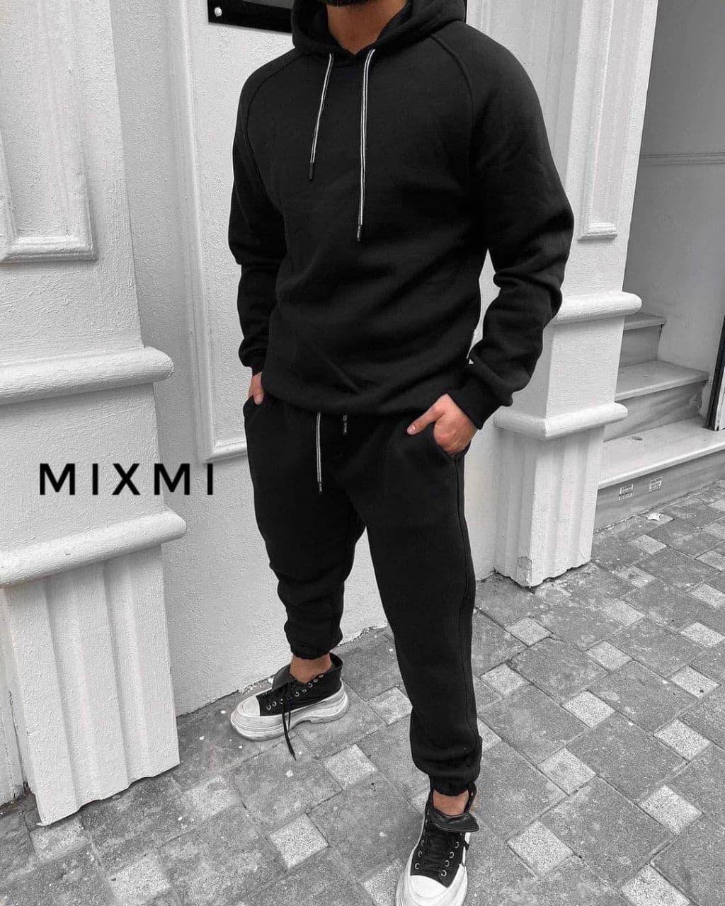 

Мужской тёплый спортивный костюм на флисе с капюшоном черный, M-L