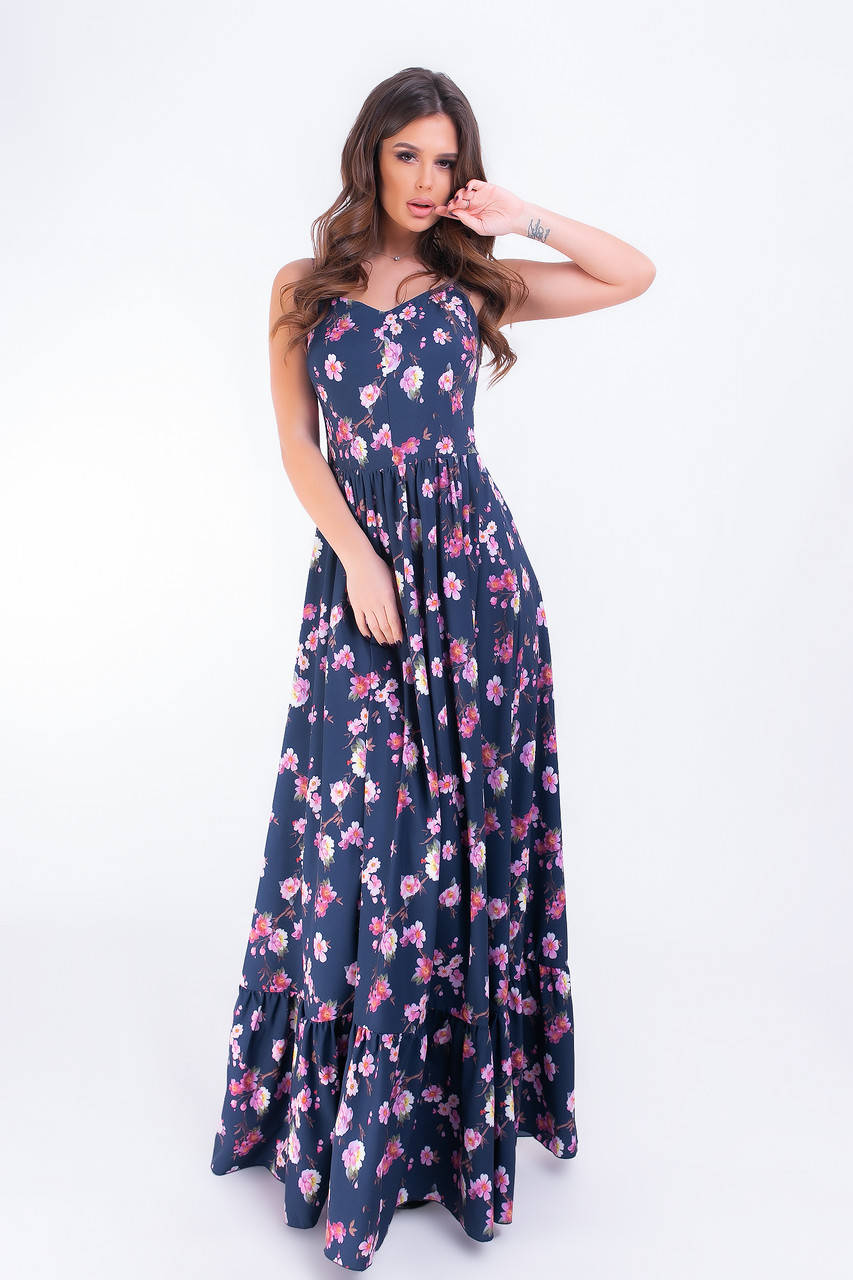 

Летнее платье, сарафан арт.162 принт розовые цветы на темно-синем фоне 46