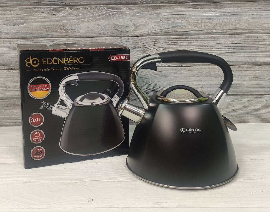 

Чайник стальной со свистком для газовой плиты 3л EDENBERG EB-1982, Черный