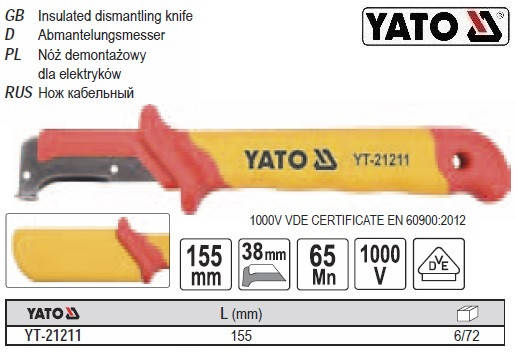 

Нож YATO Польша изолированный l=155 мм VDE 1000В YT-21211