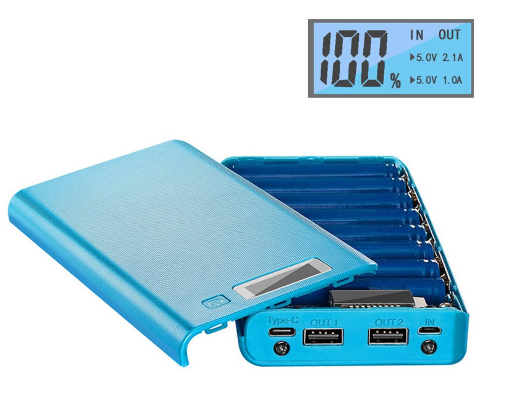 

Power bank 8 аккумулятора 18650 2хUSB+microUSB+Type-C 2,1А LCD экран (без аккумуляторов)