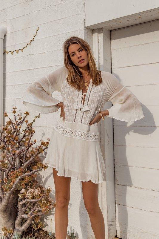 

Туника женская пляжная короткая с вышивкой на сетке и кисточками, Белый