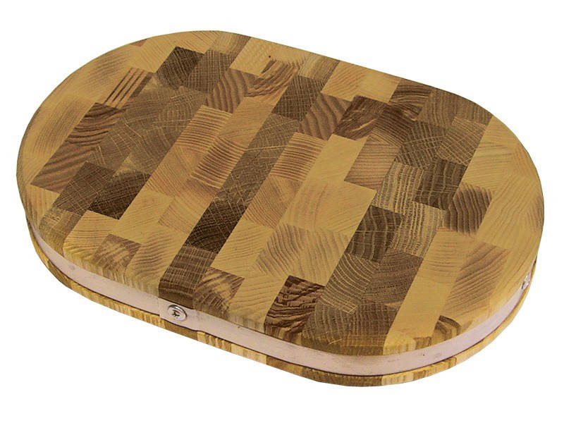 

Доска разделочная торцевая полуовальная с металлическим ободом Кедр 375*250*40 мм