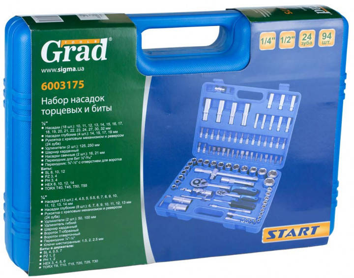 

Набір насадок торцевих і біти 1/4 ", 1/2" 94шт Start Grad (6003175)