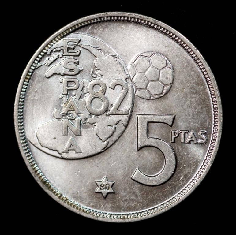 

Монета Испании 5 песет 1980 г. Чемпионат мира по футболу в Испании 1982 года. Король Хуан Карлос
