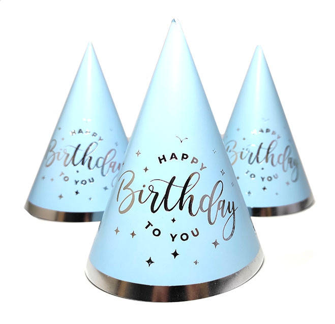

Колпак праздничный 15 см "HappyBirthday" серебро на голубом