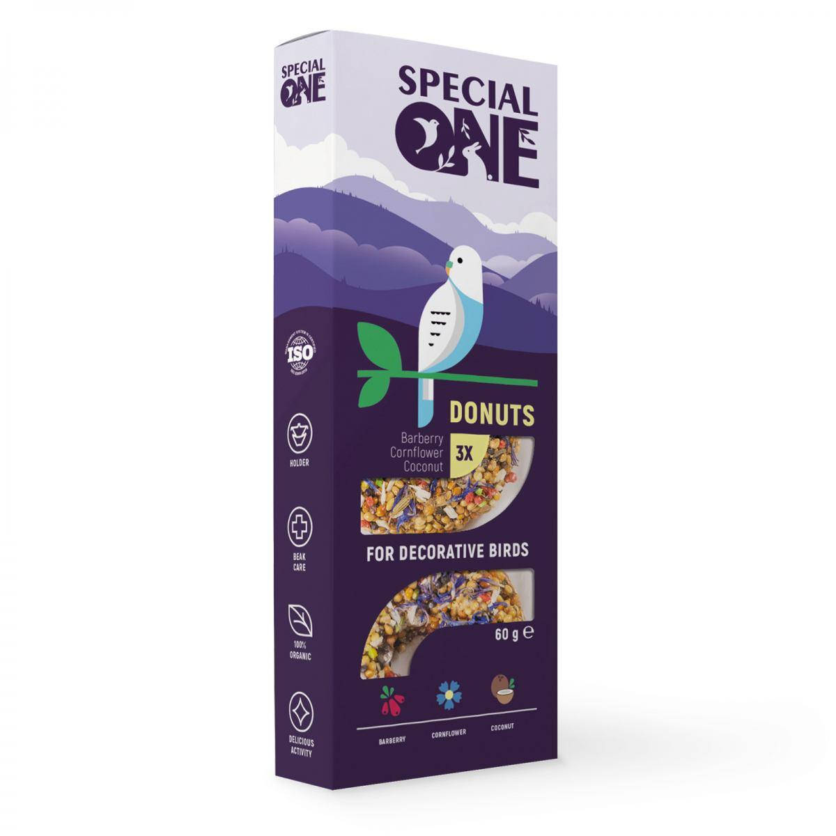 

Лакомство для птиц Пончики Special One Барбарис, василек и кокос 60г, 3шт