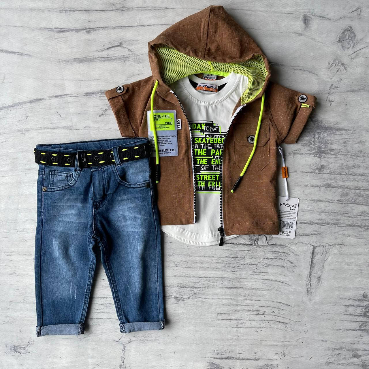 

Летний джинсовый костюм тройка на мальчика 945. Размер 98 см, 104 см