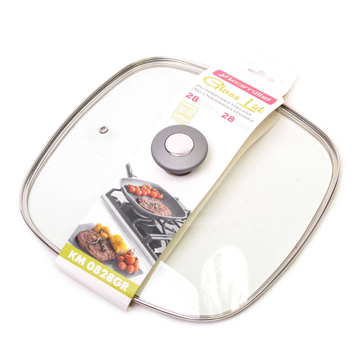 

Крышка стеклянная квадратная Kamille 28см с металлическим ободком KM-0828GR