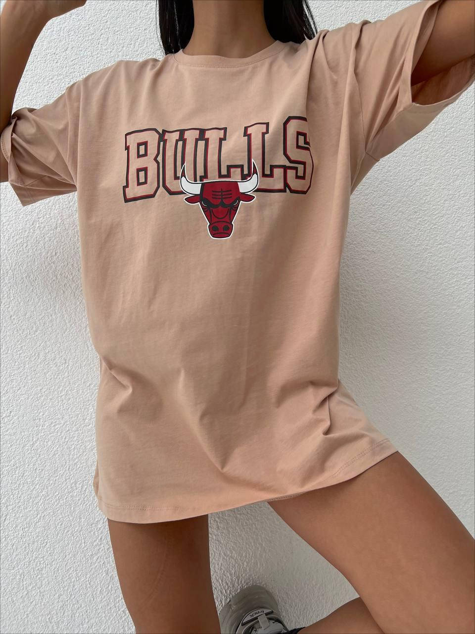 

Женская футболка оверсайз хлопок, стильная удлиненная футболка с принтом 42/46 Турция, Бежевый