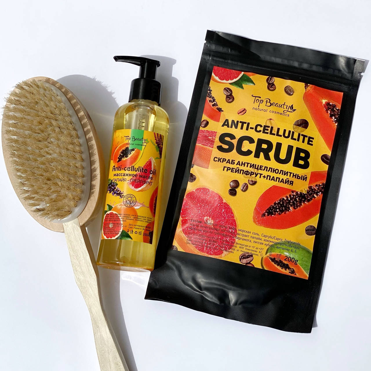 

Антицеллюлитный набор: щетка + масло+ скраб Top Beauty