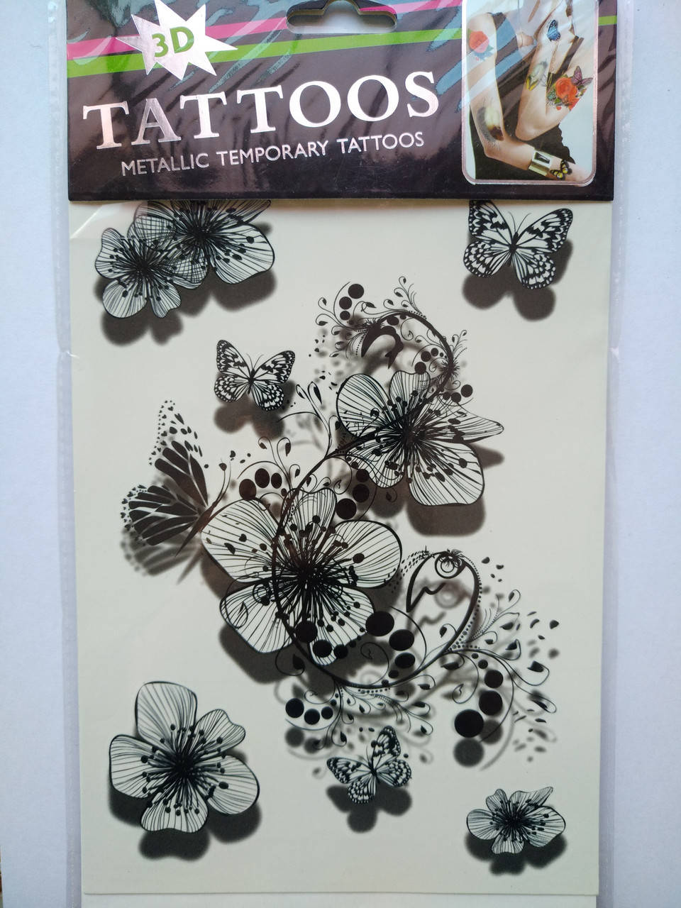 

Флеш тату. 21*15 см. Временная. Переводная, Цветы и Бабочки, 3-D, Минимализм, 4403, Ч/Б