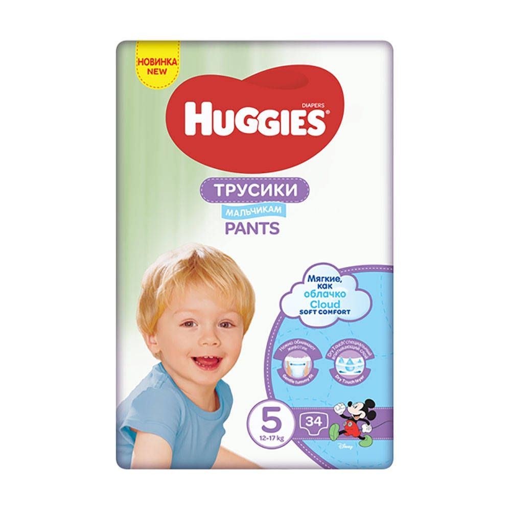 

Трусики-подгузники Huggies Pants для мальчиков, размер 5 (12-17 кг), 34 шт, Белый