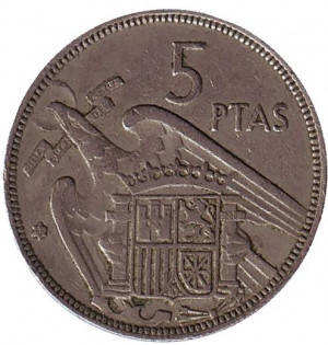 

Монета 5 песет. 1957 год, Испания. (Г)