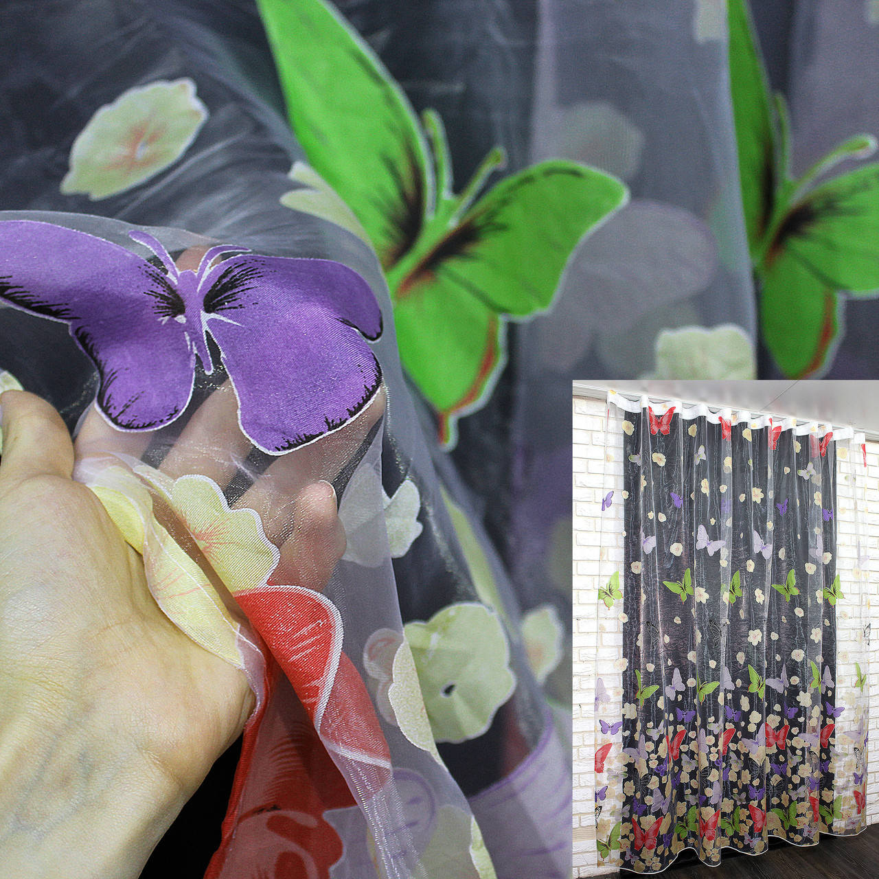 

Тюль органза с крупным разноцветным принтом "Бабочки". Код 847т, Разные цвета