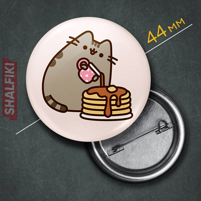 

"Кот Пушин с блинчиками" значок круглый на булавке Ø44 мм