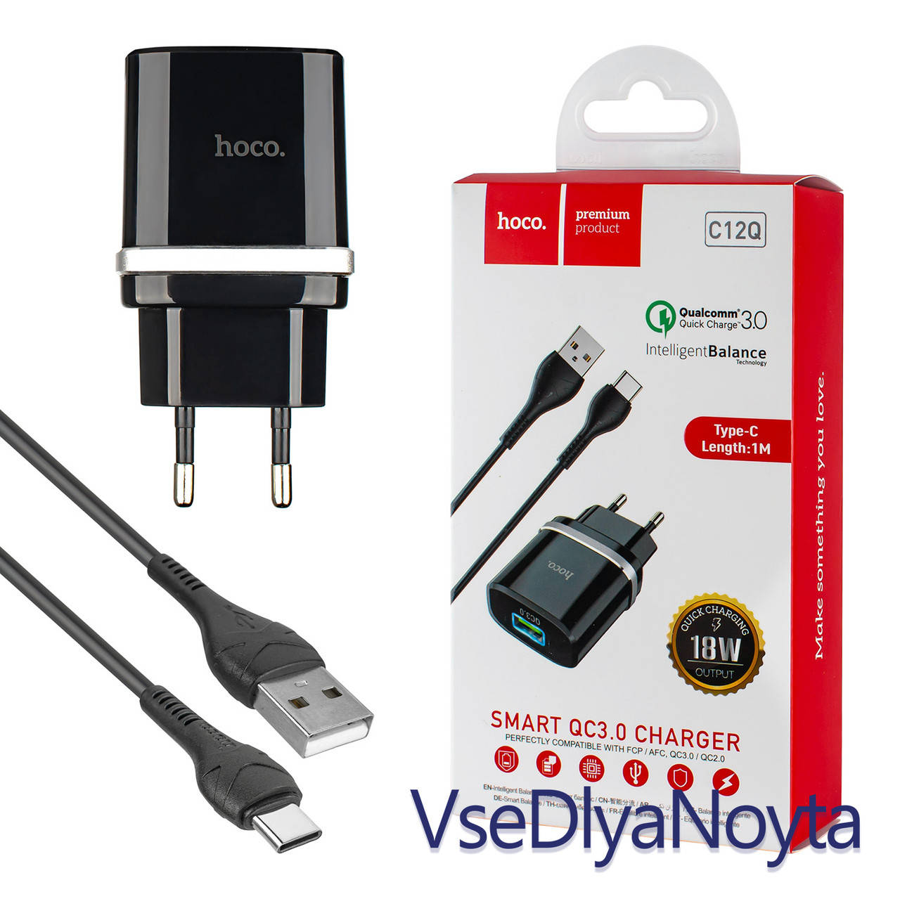 

Зарядное устройство Hoco C12Q, 1USB, QC3.0, черный (Type-C)