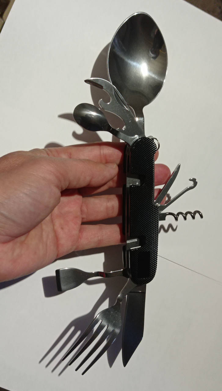 

Ніж туристичний 9 в 1 (ніж - вилка - ложка - штопор), Черный