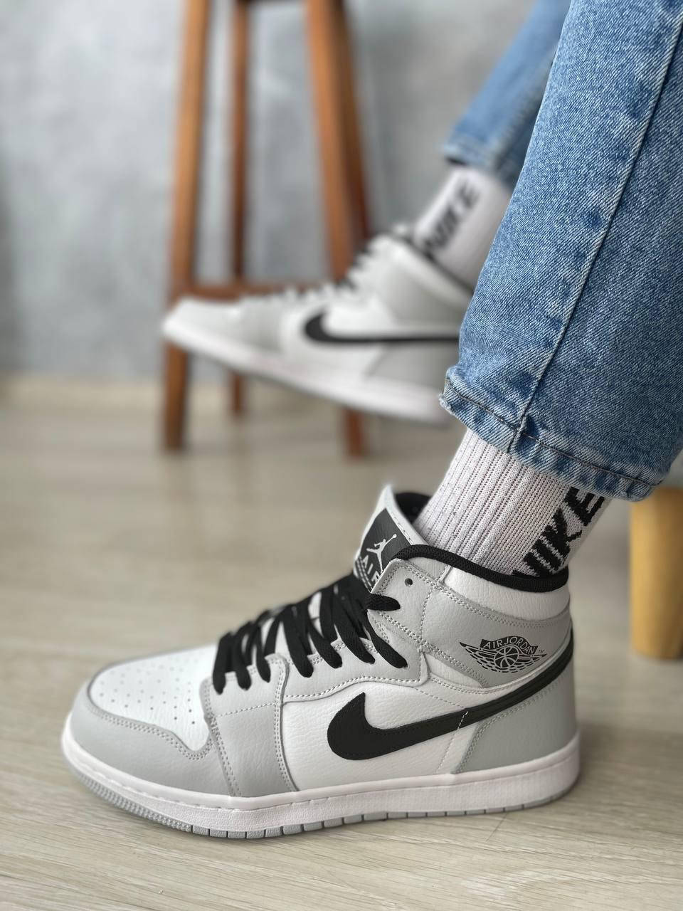 

Мужские молодежные высокие кроссовки Nike Air Jordan 1, кожаные брендовые кроссовки для мужчин, кроссовки Найк, Светло-серый