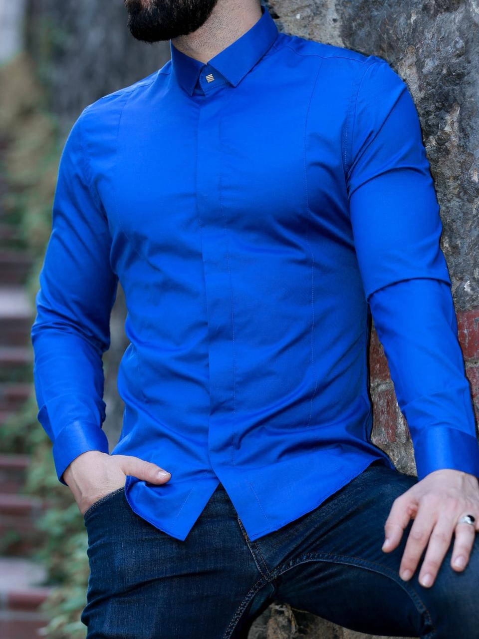 

Синяя молодежная рубашка slim fit с планкой на потайных пуговицах S, L, XL, XXL, Синий