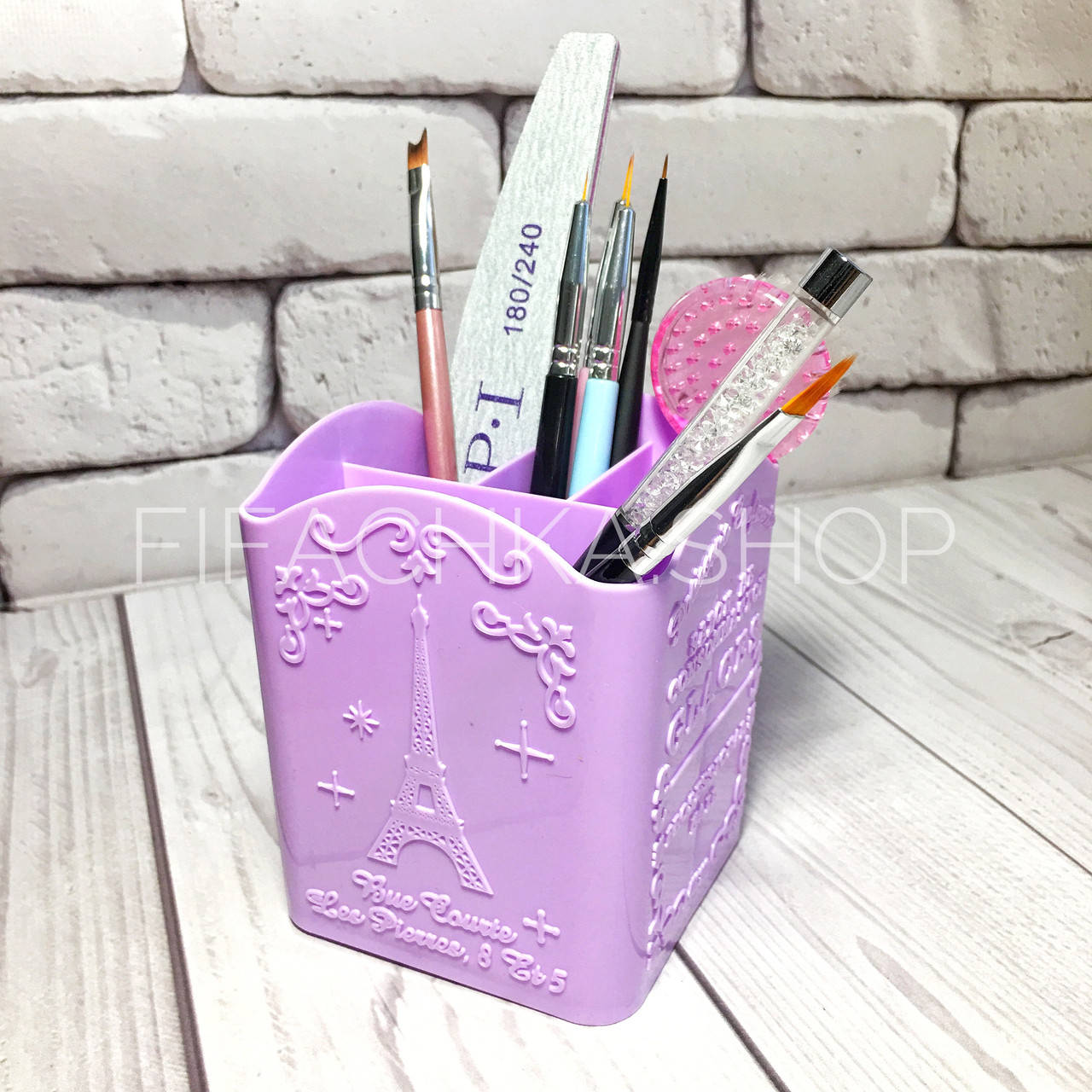 

Подставка стакан для кистей, пилочек, пластиковый, фиолетовый (башня)