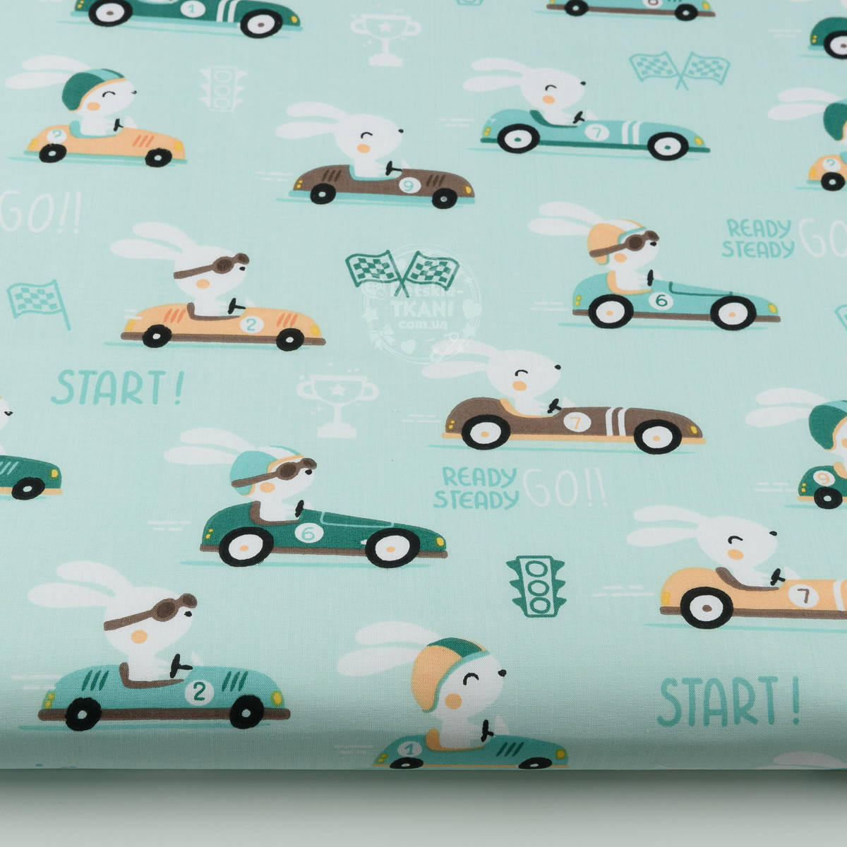 

Ткань хлопковая "Гоночные машинки с зайцами" на светло-мятном (№1353а), Бирюзовый