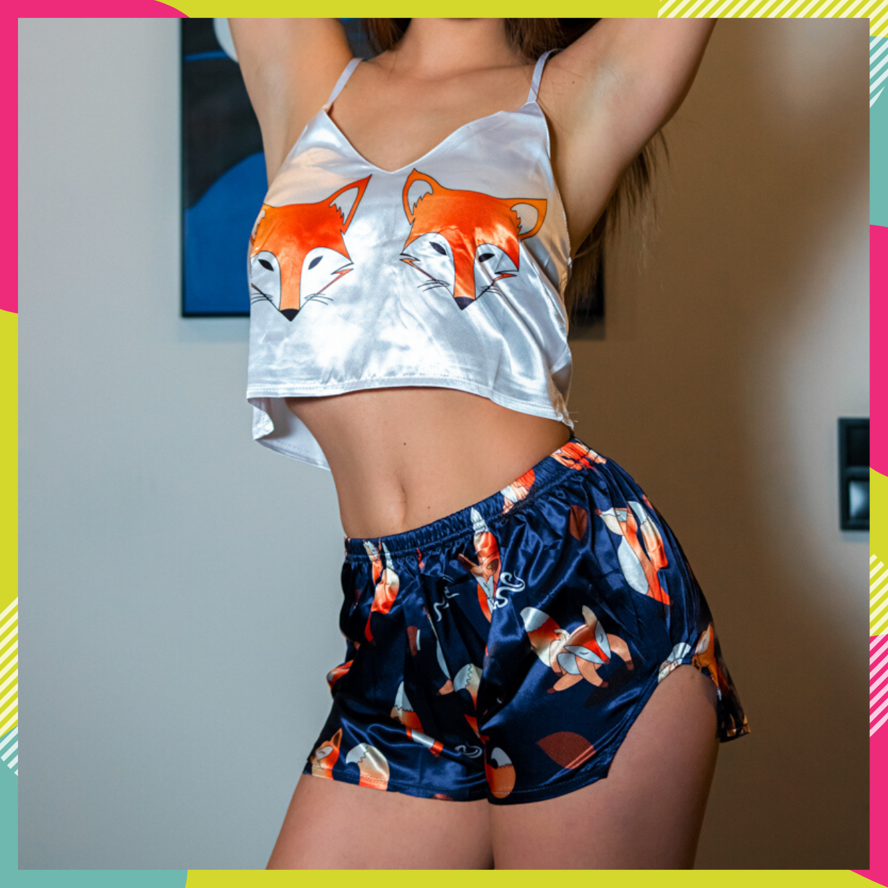 

Женская пижама шелк Армани, шелковая пижама Армани Лиса (лисичка) с Синими Шортами L