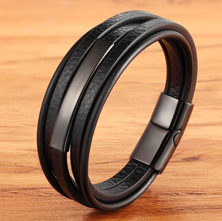 

Кожаный мужской браслет многослойный черный, р. 21 и 23 см