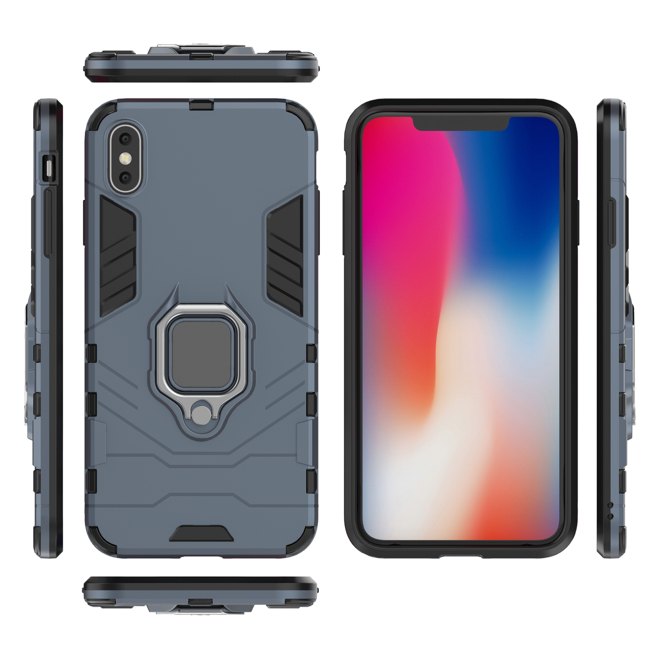 

Бронированный чехол для Apple iPhone Xs Max с кольцом Navy Blue, Серо-голубой