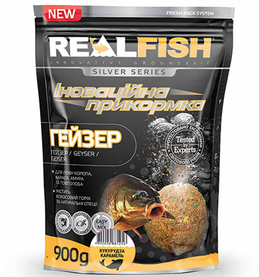 

Прикормка для рыбалки REAL FISH Гейзер КУКУРУЗА-КАРАМЕЛЬ, 0.9 кг