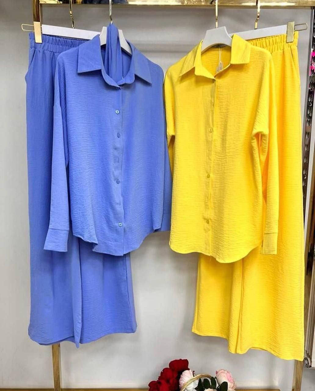 

Женский брючный костюм рубашка +штаны Мод 8068. 49.35 креп жатка желтый, 46/48