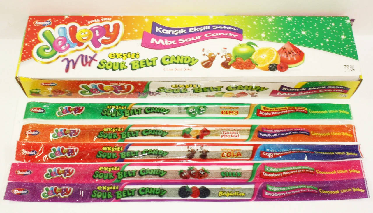 

Jellopy Mix Жевательные ленточки в сахаре микс 30g 72 штуки Saadet Турция