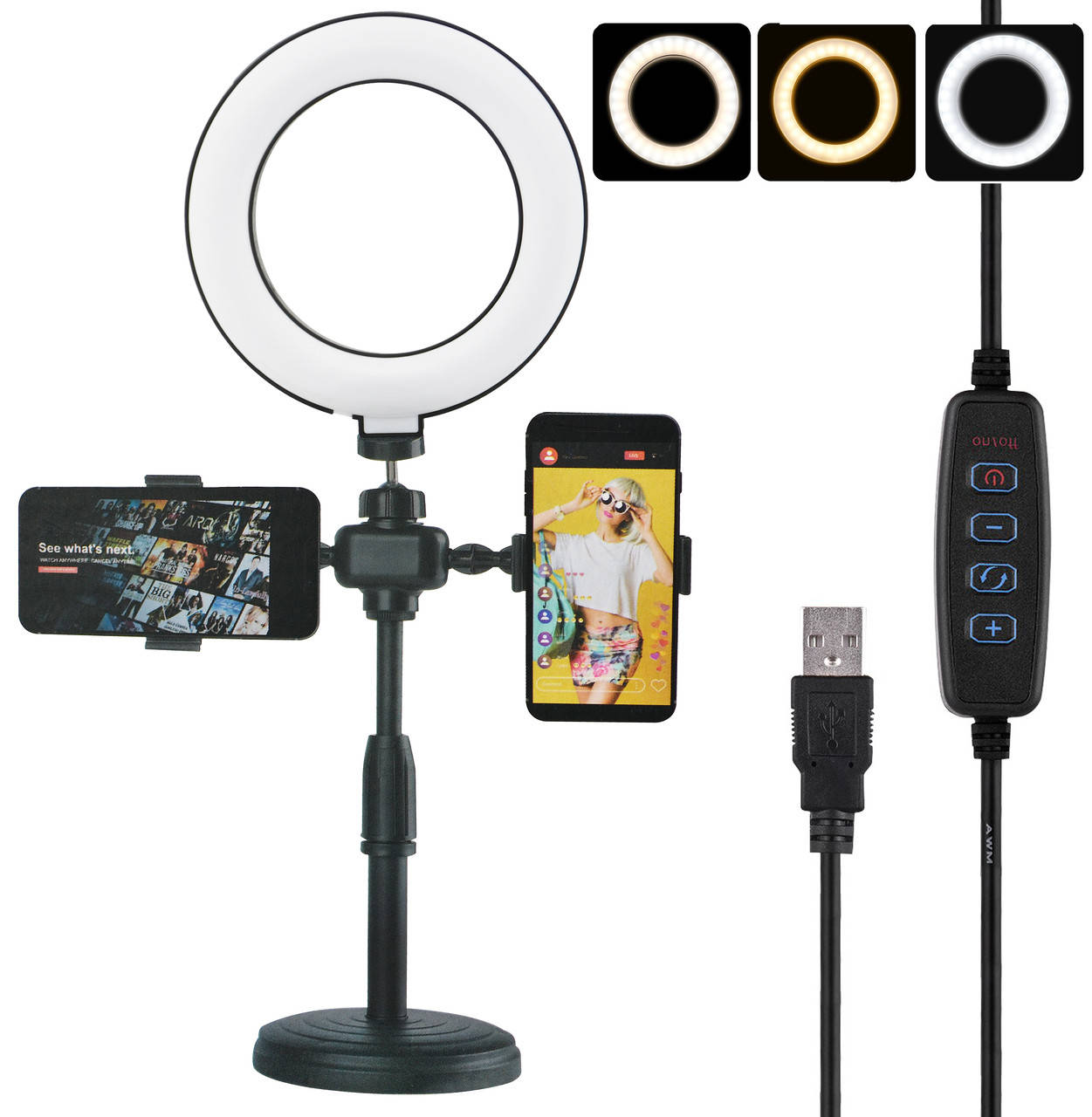 

Кольцевая LED лампа диаметром 16 см Phone Live Fill Light со стойкой и с пультом (14676)