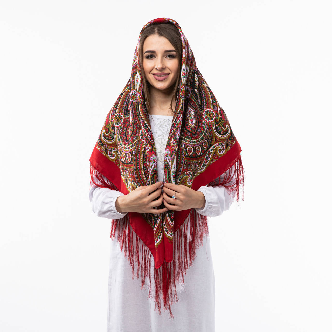 

Велика хустка з шовковими тороками 120х120см Червона