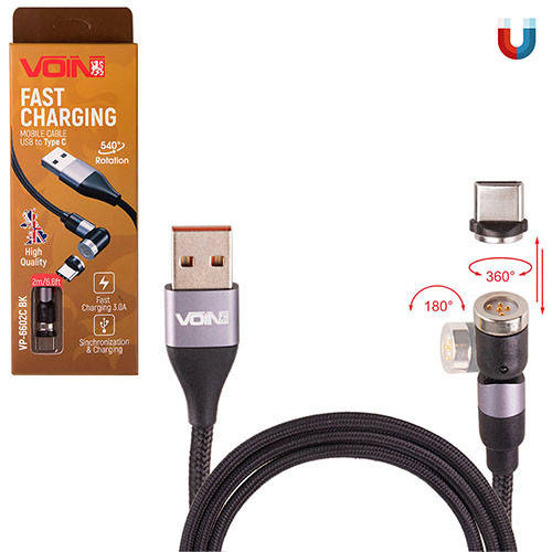 

Кабель магнитный шарнирный VOIN USB - Type C 3А, 2m, black (быстрая зарядка/передача данных) (VP-66