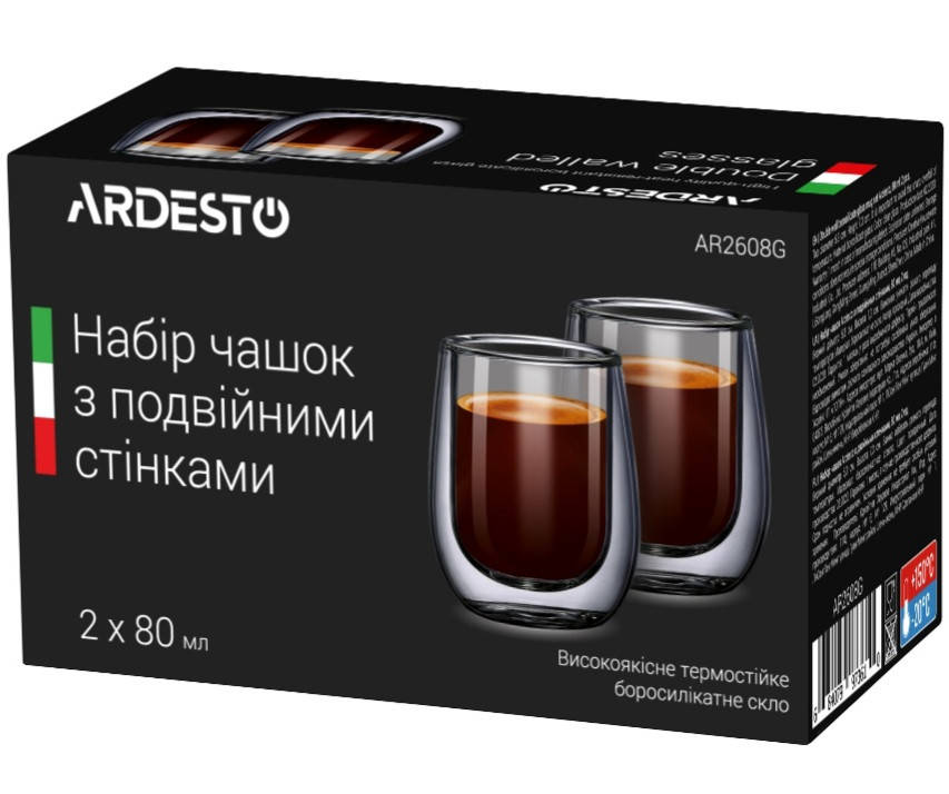 

Чашечки для эспрессо с двойным дном Ardesto 80 мл 2 шт AR2608G, Прозрачный