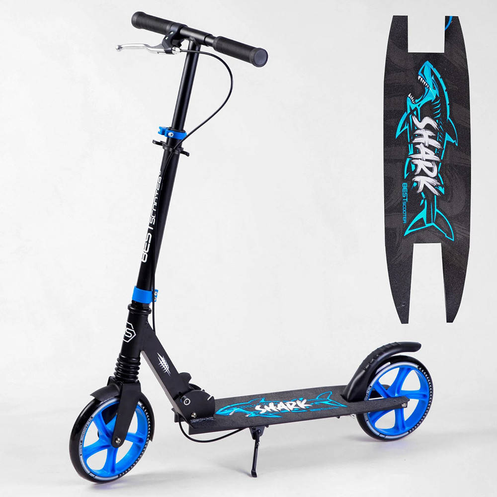 

Самокат Best Scooter Shark 19015 алюминий, ручной тормоз, 1 амортизатор, колеса PU-20 см., черный