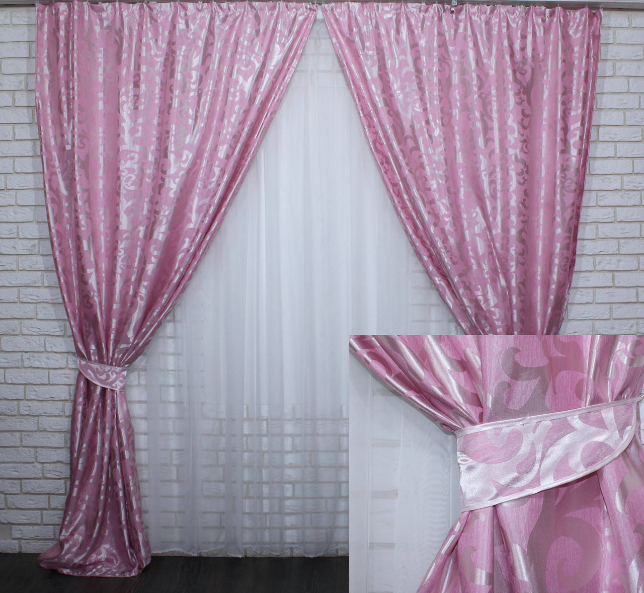 

Комплект готовых жаккардовых штор "Вензель" Цвет розовый Код 476ш 2шт 1х2.7м.