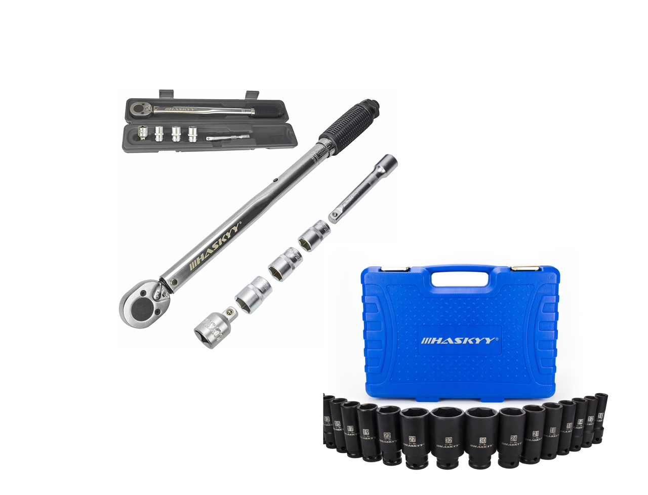 

Динамометрический ключ 1/2" 28-210 Нм с набором ударных торцевых головок HASKYY®