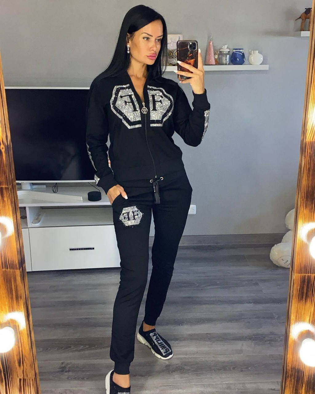 

Женский брендовый турецкий спортивный костюм Ferri Ferrucci, модный спортивный однотонный костюм из двунитки, Черный