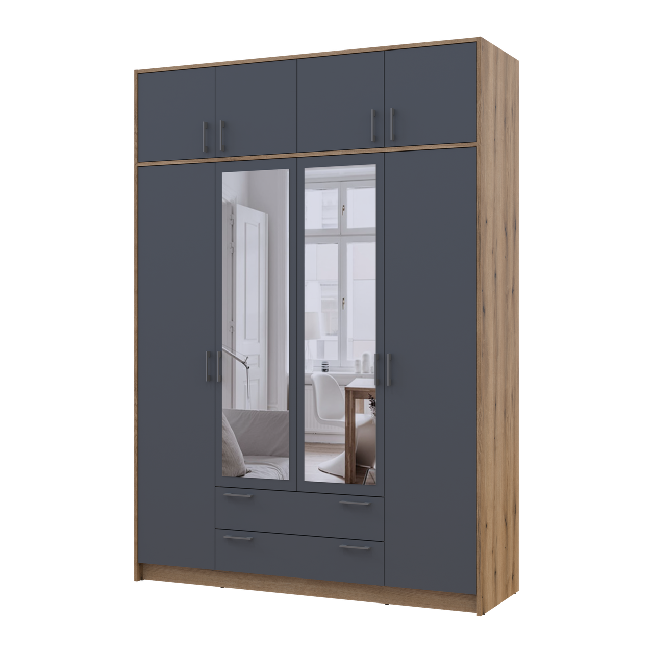 Розпашна Шафа для одягу Doros Ронді з антресолею та дзеркалом Дуб Артізан/Графіт 4ДСП 160х52х236 (80737830)